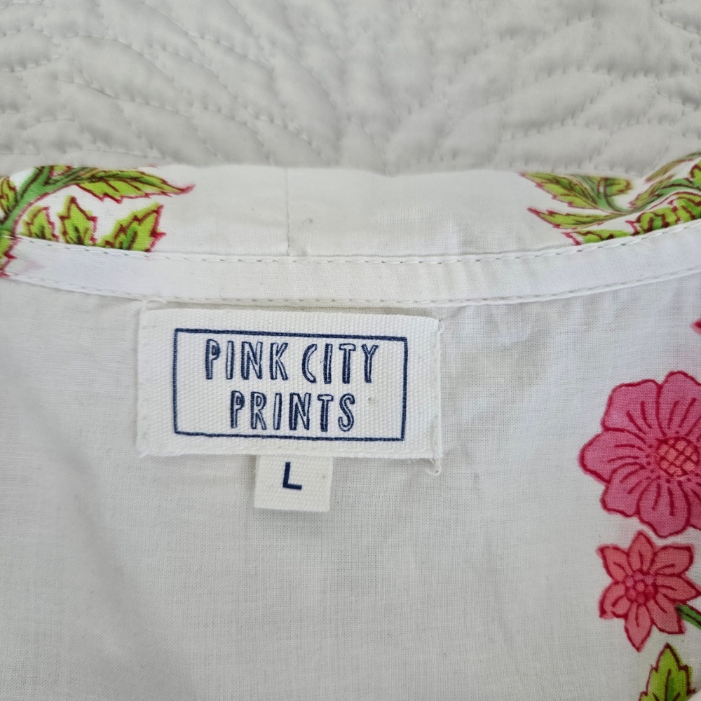 Pink City Prints Isabel White Pink Floral Peter Pan Collar Cotton Blouse Large - Picture 4 of 7